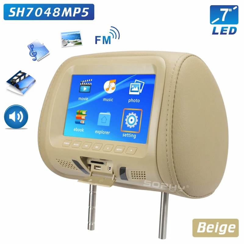 Универсальный 7-ми дюймовый к автомобильному подголовнику MP4 монитор/мультимедийный плеер/заднем сиденье MP4/USB/SD/MP3 MP5 FM встроенные динамики - Цвет: SH7048MP5-Beige