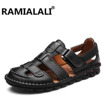Мужские сандалии; летние шлепанцы из натуральной кожи; новая пляжная Мужская Повседневная дышащая мужская обувь; уличные сандалии