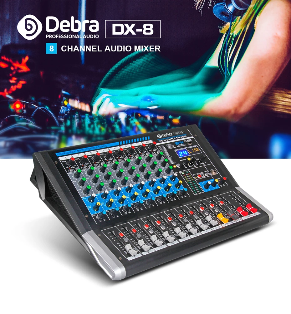 Дебра аудио DX-8 8-ми канальный аудио dj микшер контроллер звуковая карта с 24 DSP эффект, включающим в себя гарнитуру блютус и флеш-накопитель USB XLR Jack Aux Вход