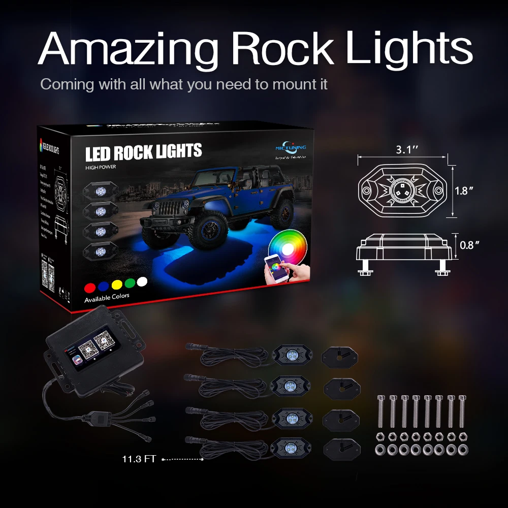 MICTUNING 4 Pods автомобильный RGB светодиодный декоративный светильник в стиле рок с функцией синхронизации и управлением через Bluetooth, Режим музыки, набор разноцветных неоновых ламп