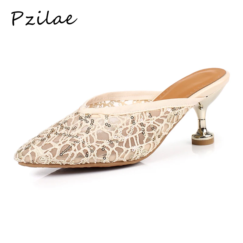 

Pzilae women slipper 2019 high heels mules bling summer slippers fashion pointed toe slippers sexy lace heels women ladies shoes