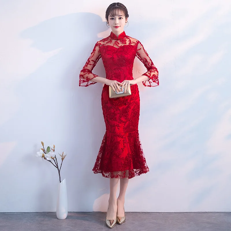

New Lace Red Cheongsam Qipao Dress Style Chinois Femme Modern Chinese Gown Oriental Dresses Chinesisches Kleid Cheongsam S-3XL