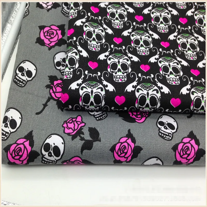 

DAXIAOBU 50x148cm Cotton Canvas DIY Craft Material Print Skull Love Heart Rose Flower 17223b