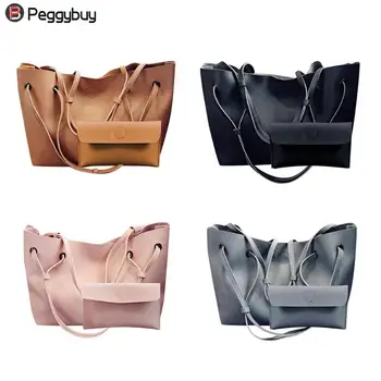 

2pcs/set Litchi Pattern PU leather Shoulder Handbags Solid Color Women crossbody Totes Clutch bag