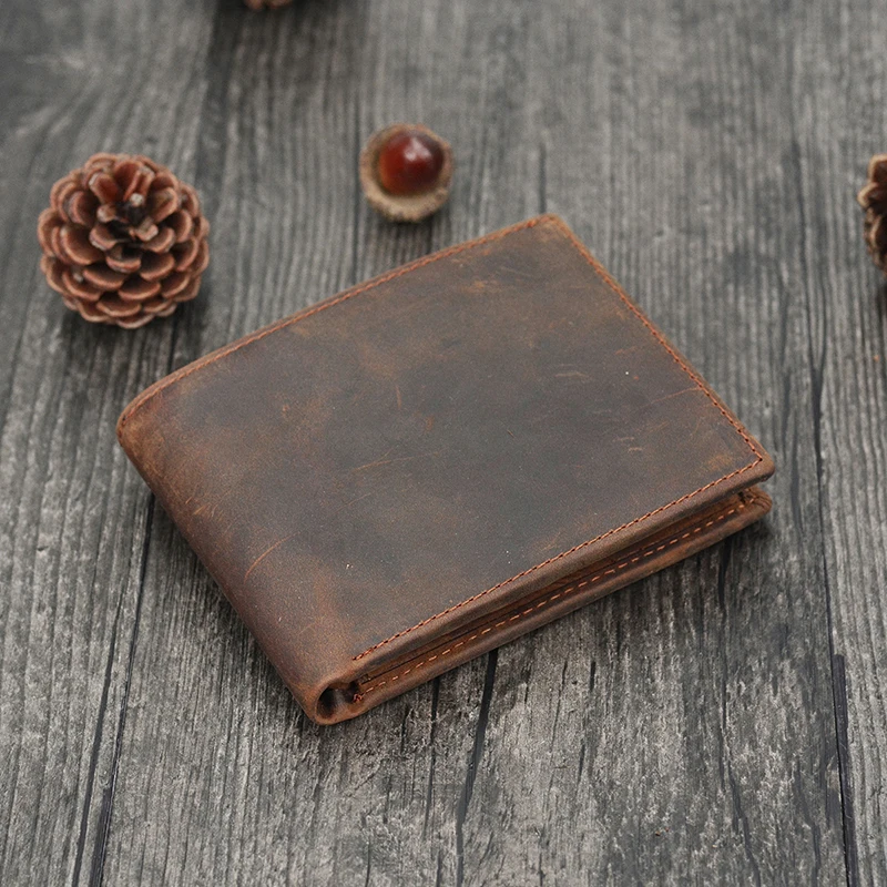 

MAHEU Best Quality Man Wallet 3 Folds 100% Genuine Leather Brown ID Card Slim Purse Male Men's Short Trifold Wallet Crazy Horse