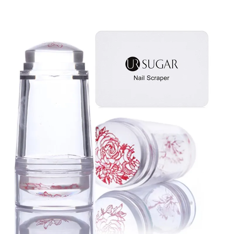 

UR SUGAR Clear Jelly Stamper with Cap Clear Silicone Marshmallow Double Head Nail Stamper Scraper Set for Stamping Plate Tool