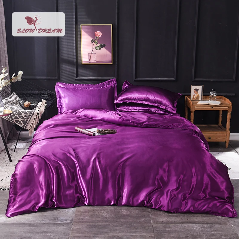 Slowdream Luxury Purple Stain Silk Bedding Set Silky Queen King Bed Set Bedclothe Duvet Cover Queen King Sheet Pillowcase