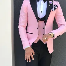 Suits Pant Jacket Groom Custom Wedding Black with 3piece Vest Pink Lapel for Men Terno