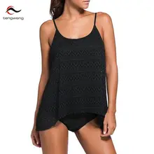 2017 Women Sexy Black Lace Push Up Tankini Set 2 Piece Bikini Swimwear Shorts Mesh Swimsuit Skirt Sport Bathing Suit Plus Size