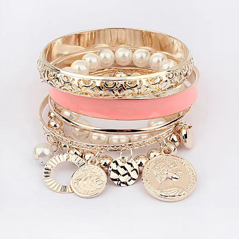 

Charm Bohemian Bracelets Bangles for Women Fashion Gold Color Pearl Strand Cutout Bracelets Sets Jewelry Party Gifts