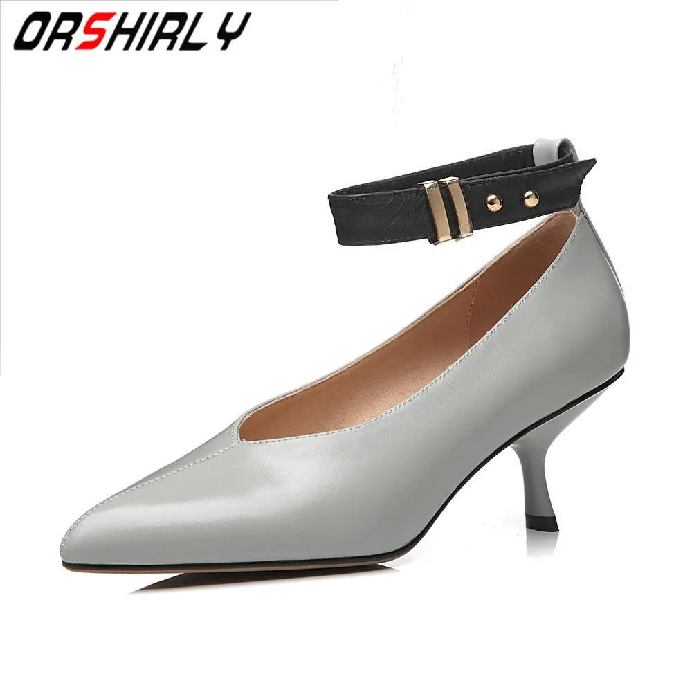 

Orshirly 2019 genuine leather shoes women fashion comfortable Mid heels pumps Casual Office Ladies Pumps plus size 34-44