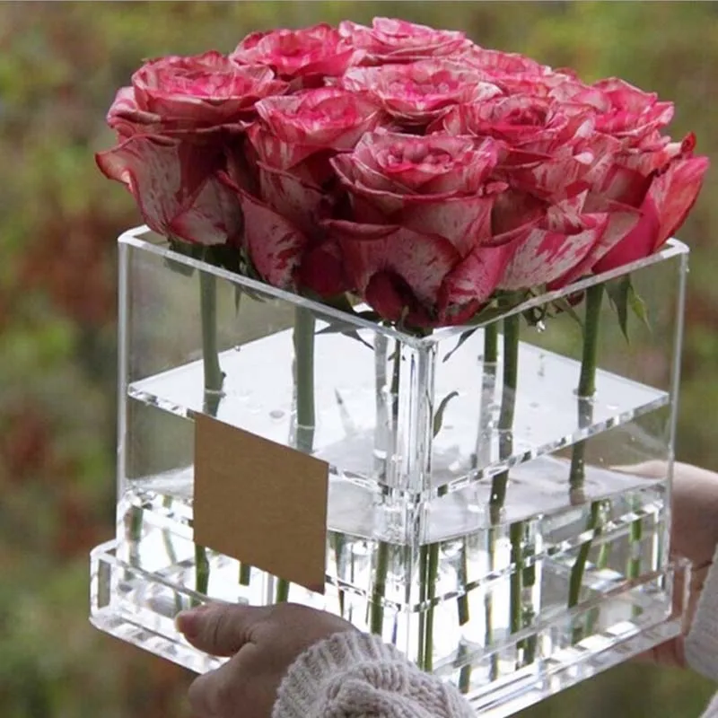 День Святого Валентина розовая коробка прозрачный акриловый Органайзер Для Косметики Косметический Чехол роза цветок коробка с крышкой акриловый контейнер для хранения