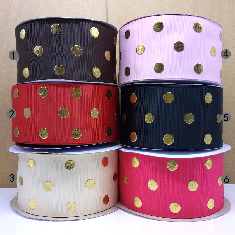 

Free shipping 50 yard per color gold foil polka dots printed grosgrain ribbon