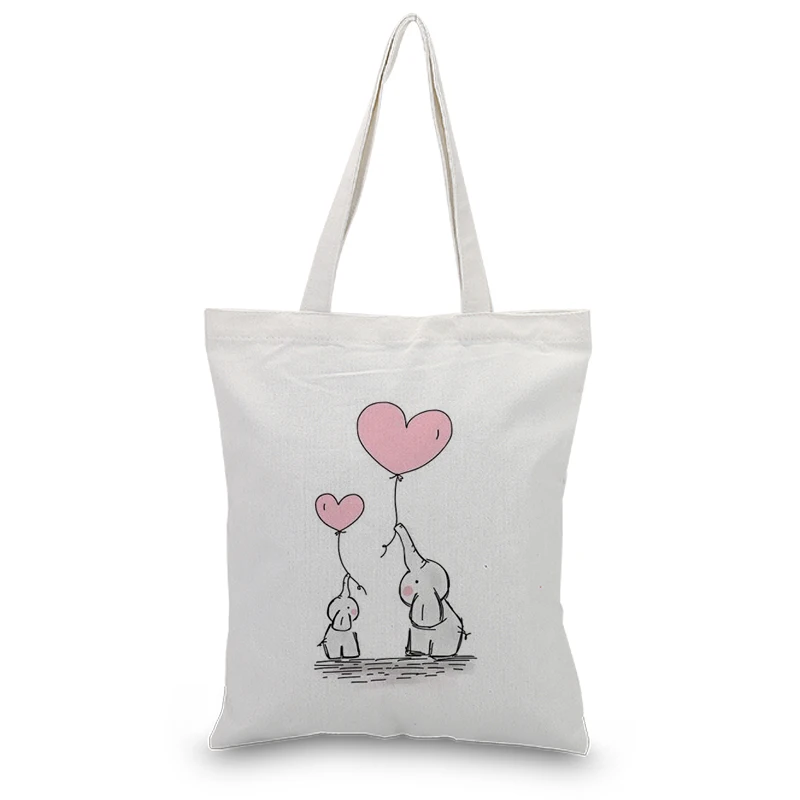 

Canvas Tote Bag Daily Use Elephant & Rabit Handbag Custom Print Logo Text DIY Shopping Bag Eco Ecologicas Reusable Recycle