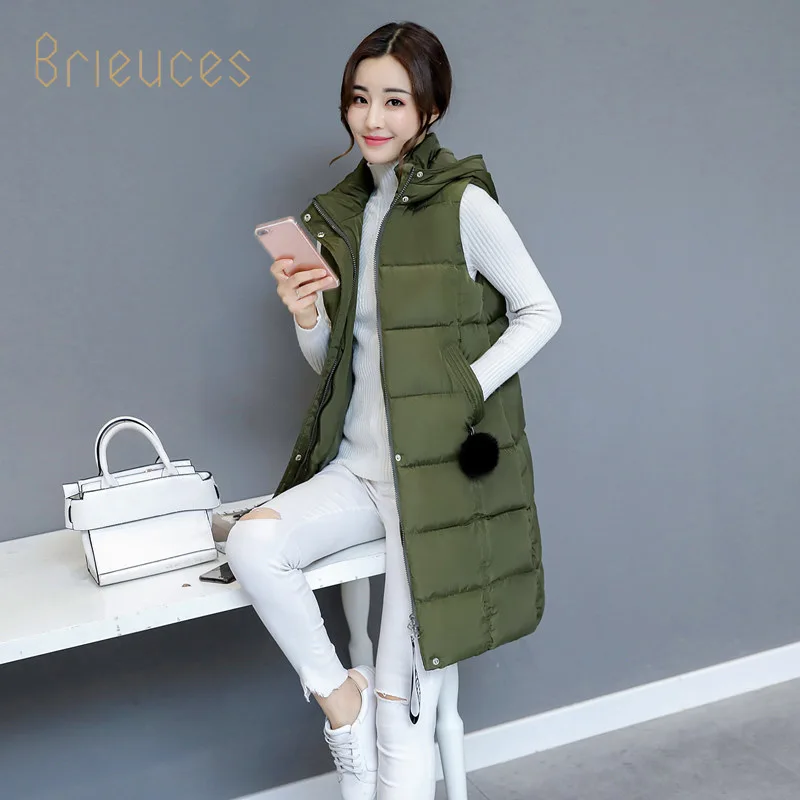 

Brieuces Autumn Winter 2018 Women Cotton Vest Coats New Slim Warm Hooded Parka Vests Jackets Lady Midi Long Sleeveless Waistcoat