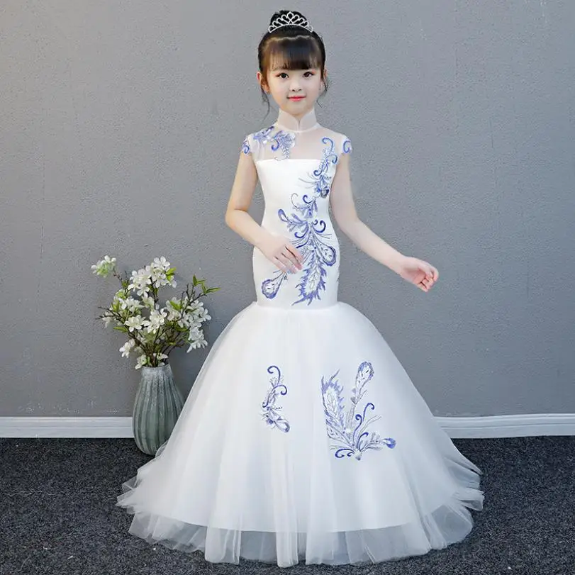 Детское платье принцессы в стиле ретро в китайском стиле; Одежда для девочек; Детский костюм с вышивкой для свадебной вечеринки; Модное детское вечернее платье; Y482