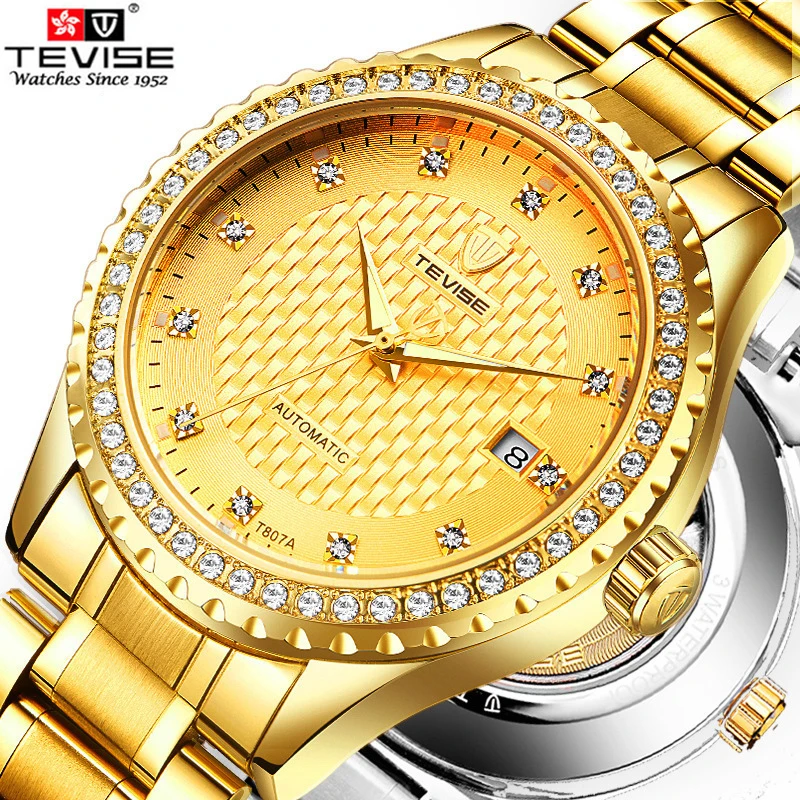 

Tevise Men's Mechanical Watch Men Fashion Luxury Stainless Steel Gold Watch Automatic Man Diamond Clock Male Relogio Masculino