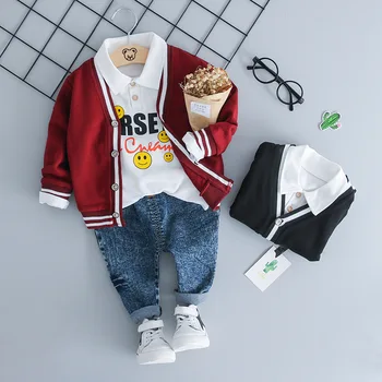 

Spring Brand Baby Boy Set Newborn Lapel Printed T-shirt+Cardigan Coat+Jeans 3 Pieces Infant Clothing Toddler Cotton Kids Outfits