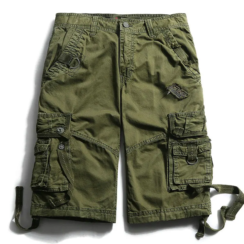 Летние мужские шорты Карго, однотонные хлопковые высококачественные военные мужские шорты - Цвет: Армейский зеленый