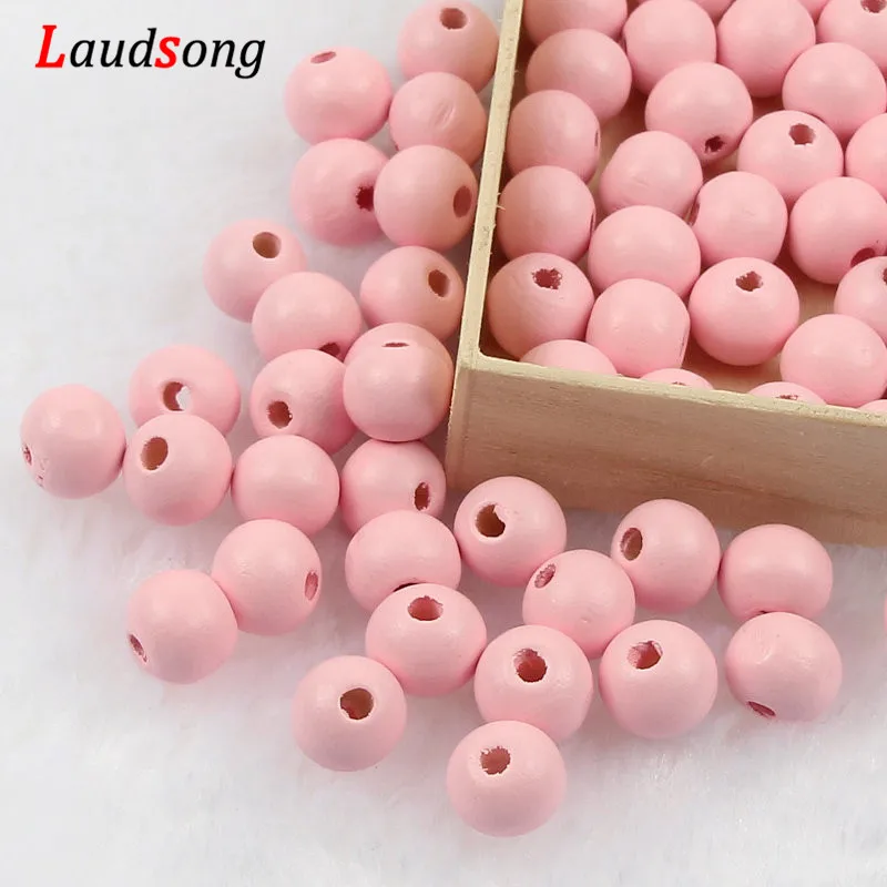 DIY 50-500pcs 6 8 10 12mm Gold Silver Natural Wooden Beads Round Ball Loose Wood Spacer Beads For Jewelry Making Accessories - Color: Pink