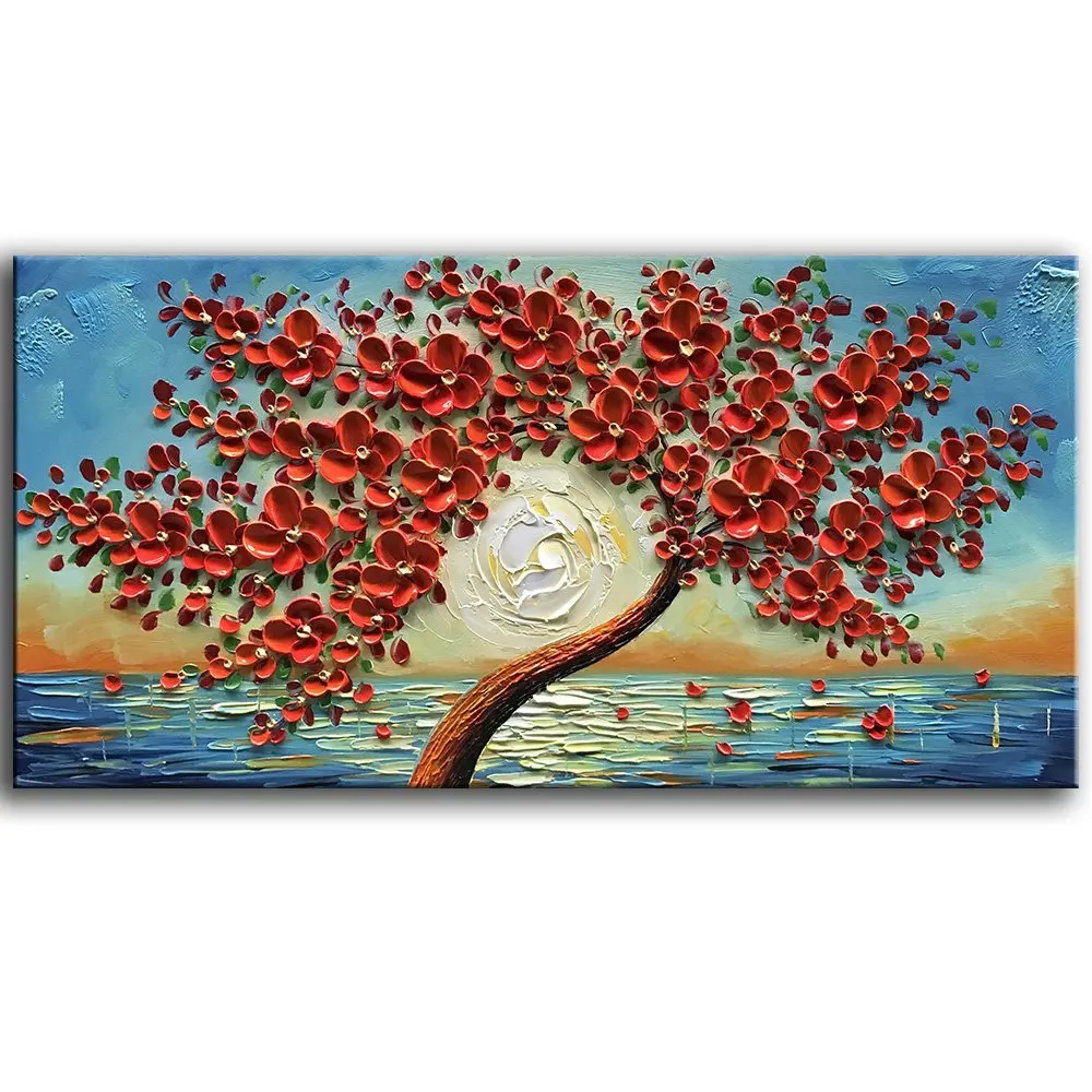 

Red Modern Flower Artworks 3D100% Hand Painted Abstract Floral Oil Paintings on Canvas Wall Art Ready To Hang for Bedroom