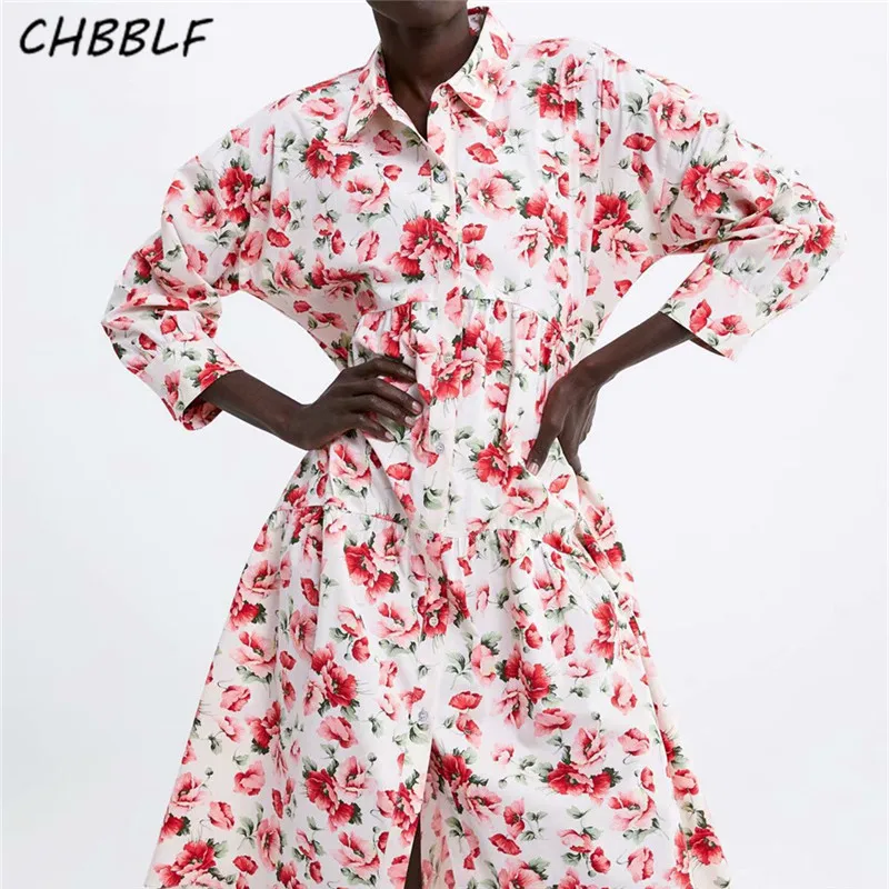 

CHBBLF women sweet floral print pleated midi dress turn down collar three quarter sleeve female loose dresses C9678
