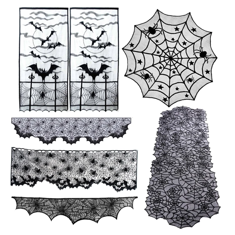

Halloween Decoration Black Lace Spiderweb Bat Table Cloth Fireplace Cloth Ghost Halloween Party Decoration For Home Supplies