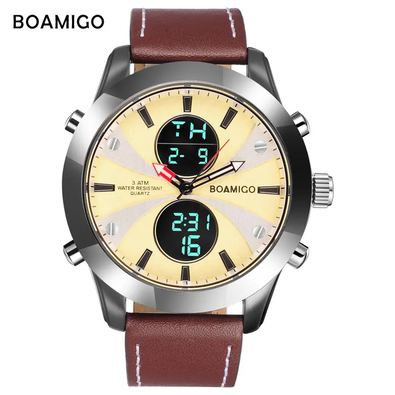 

BOAMIGO Fashion Brand Sport Men Watches Multifunction LED Digital Display Male Watch Waterproof Leather Strap Wristwatches Clock