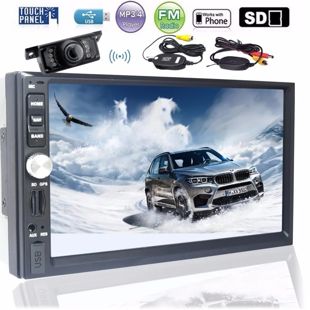 

EinCar Car Audio 2 Din Touchscreen MP5 Stereo GPS Navigation support Bluetooth Mirror Link EQ SWC USB SD + 8GB Map Card Camera