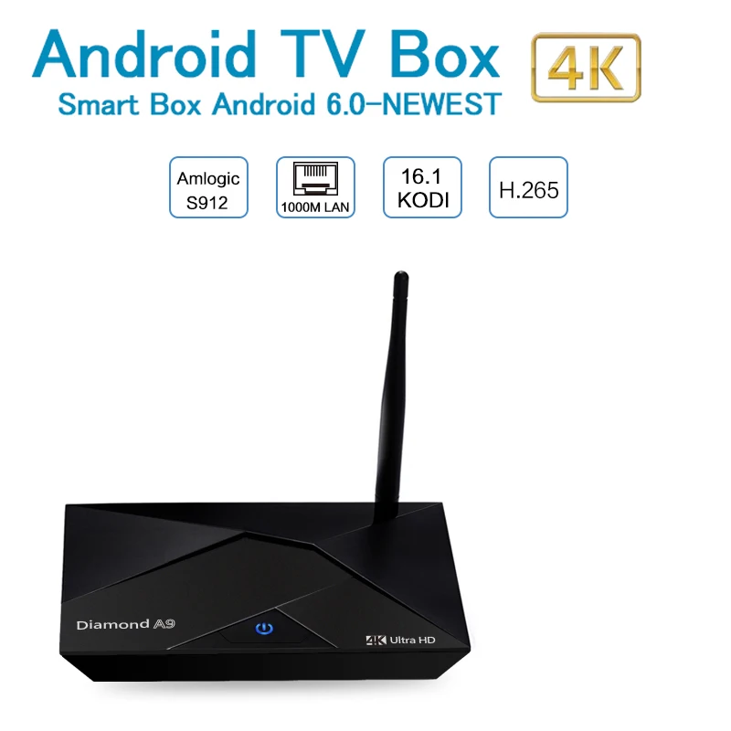 

Diamond A9 Android 6.0 TV BOX Amlogic S912 Octo-core 2G/16G Smart Tv Box 2.4G/5G WiFI UHD 4K Bluetooth 4.0 VP9 HDMI Set Top Box