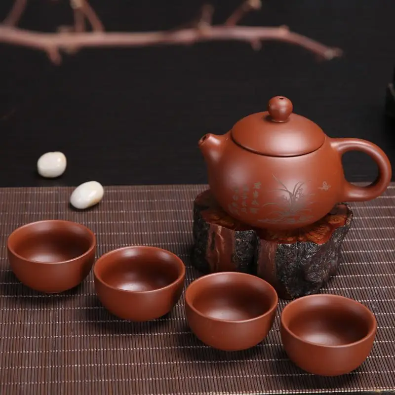 

Ceramic Tea Set Include 1 Teapot 3 Teacups Letter Printed Teapot Kettle Chinese Kung Fu Tea Set Purple Clay Portable Teaset