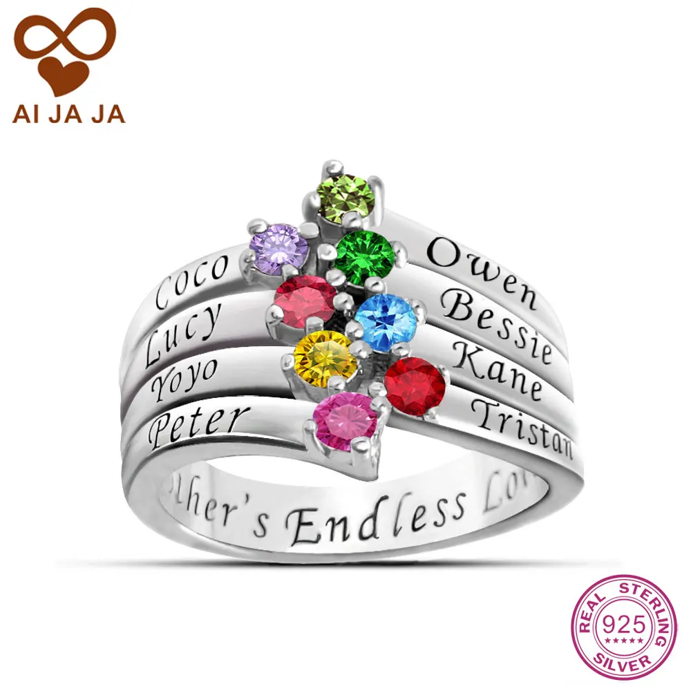 AIJAJA 925 Sterling Silver Customized Women Rings Personalized Family Names Birthstones Engraved