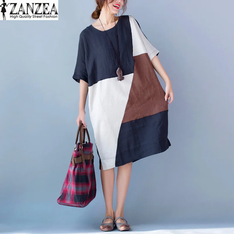 

Plus Size ZANZEA Womens 2019 Summer O Neck Casual Kaftan Shirt Dress Short Sleeve Patchwork Brief Pockets Loose Cotton Vestido