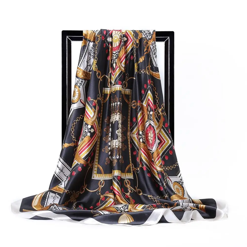 

Fashion Silk Scarves for Women Print Foulard Satin Square Shawls 90*90 Bandana Luxury Brand Large Head Hijab Scarfs For Ladies