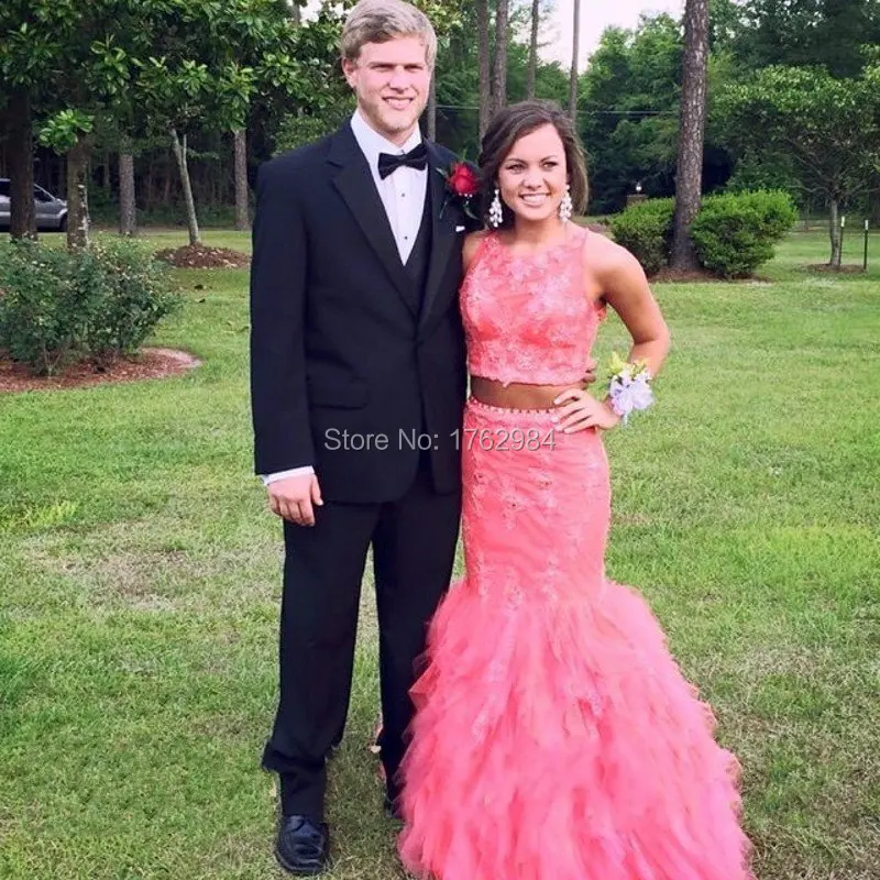 Two Pieces Lace Long Prom Dress 2017 Off Shoulder Beaded Ruffles Mermaid Party Gowns Vestidos De Fiesta Robe De Soiree