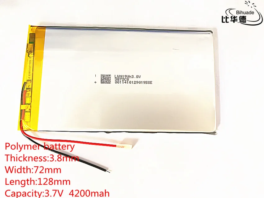 3,7 V, 4200 мАч, 3872128 PLIB полимерный литий-ионный/литий-ионная аккумуляторная батарея для 8 дюймов 9 дюймов, mp4, mp5, dvd, bluetooth, модель игрушка