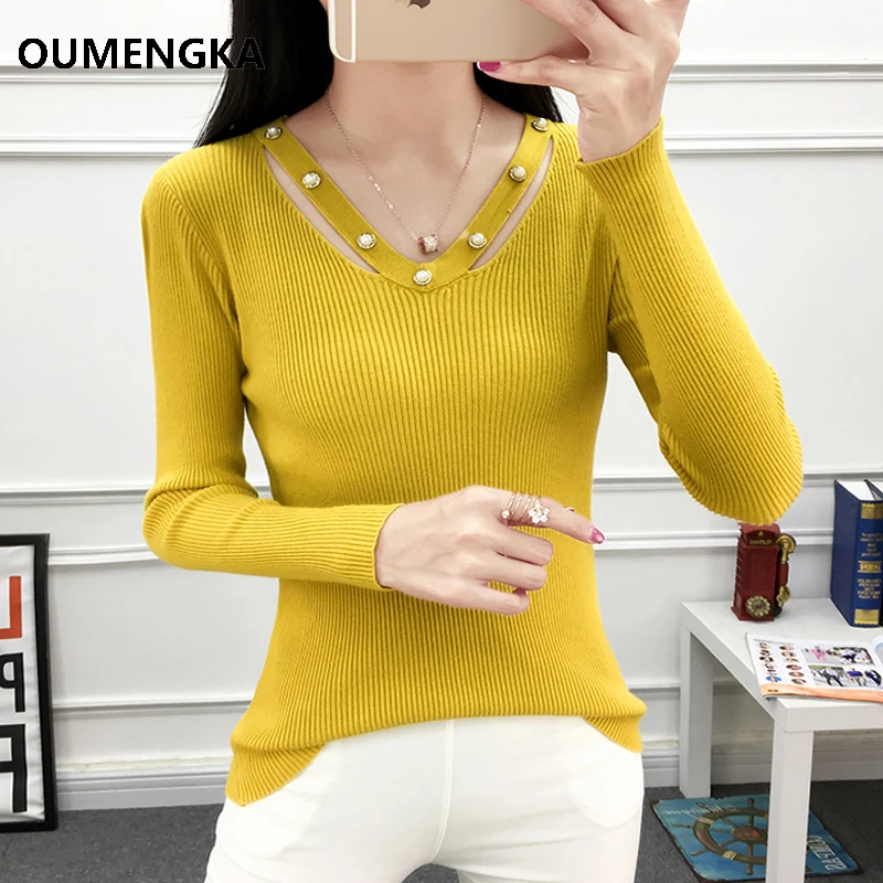 2018 Korean Fashion Women Sweater Knitting Pullovers Sueter Mujer V-Neck Beading Solid Slim Sexy Elastic Women 6 Colour Tops