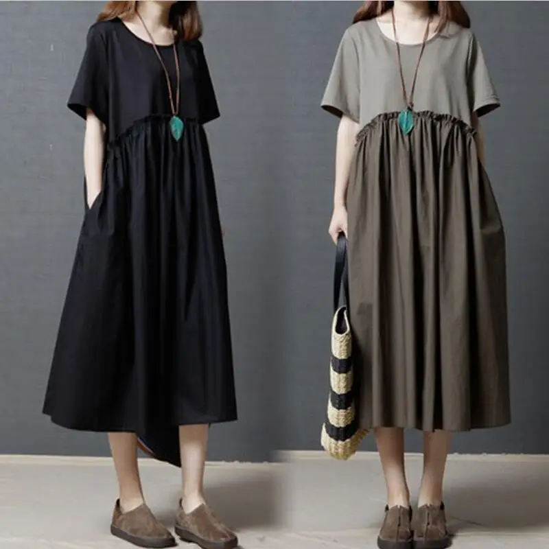 Женское платье черное повседневное уличное из хлопка и льна большого размера XXL