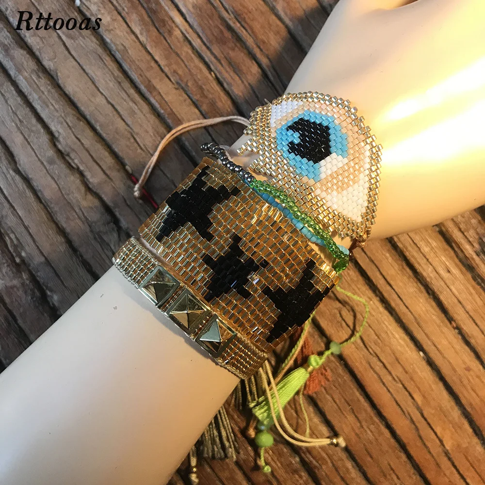 

Rttooas Charm Big Evil Eye Bracelet Sets Fashion Punk Bohemian MIYUKI Bead Handmade Woven Bracelet for Women Summer Street Style