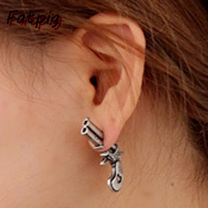 2 пары, модные серьги, 3D револьвер, форма, серьги в форме оружия, серьги-гвоздики, серебро, ретро