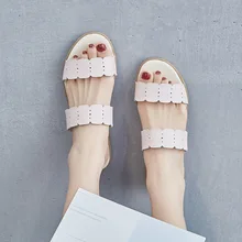 Оригинальные кожаные шлепанцы сандалии для Для женщин Летняя обувь; элегантные туфли на плоской подошве на низком каблуке Модные уличные туфли женские шлепанцы hjm8