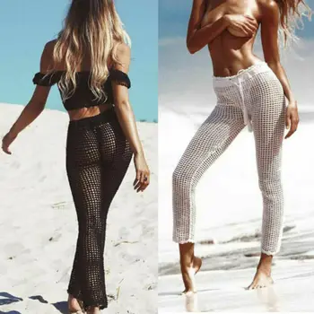 

Sexy Women Beach Flare Knitted Loose Long Pants Hollow Out Fishnet Wide Leg Trousers Lady Clothing 2019 NEW