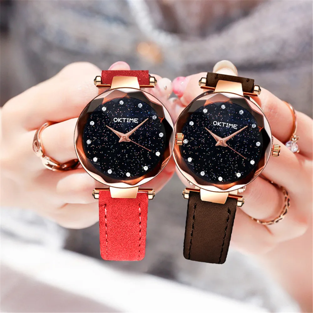 Best продажи Звездное небо для женщин часы Ретро дизайн кожаный ремешок аналог, кварцевый сплав наручные новые женские Relogio Feminino Gmt # D