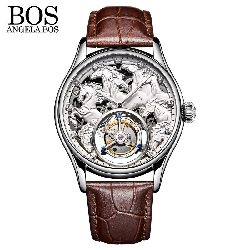 ANGELA BOS 3D Carving Horse Skeleton Tourbillon Mechanical Watches Men Luxury Watch Automatic Stainless Steel 24K Gold Plating