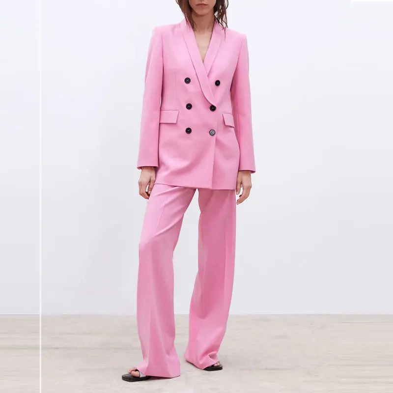 

JuneLove Women Chic Pink Blazer Double Breasted Long Sleeve Office Lady Wear Coat Solid Female Casual Outerwear Tops Bottoms