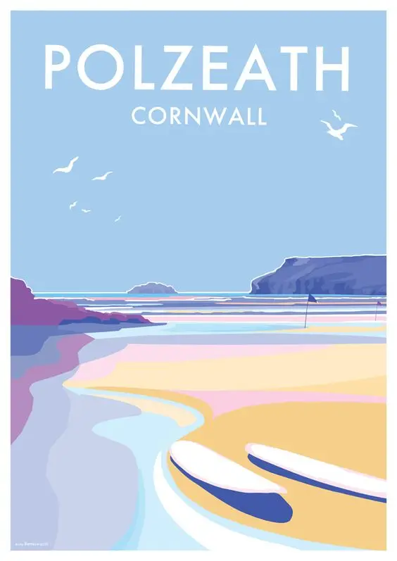 Polzeath Cornwall Ink beach travel Landscape Travel Classic Retro Vintage Poster Canvas DIY Wall Art Home Bar Posters Decor | Дом и сад