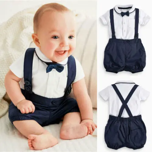 

3PCS Newborn Baby Outfit Clothes Sets Gentleman Bow Tie Shirt Top Blue Suspenders Shorts Baby Boy Outwear