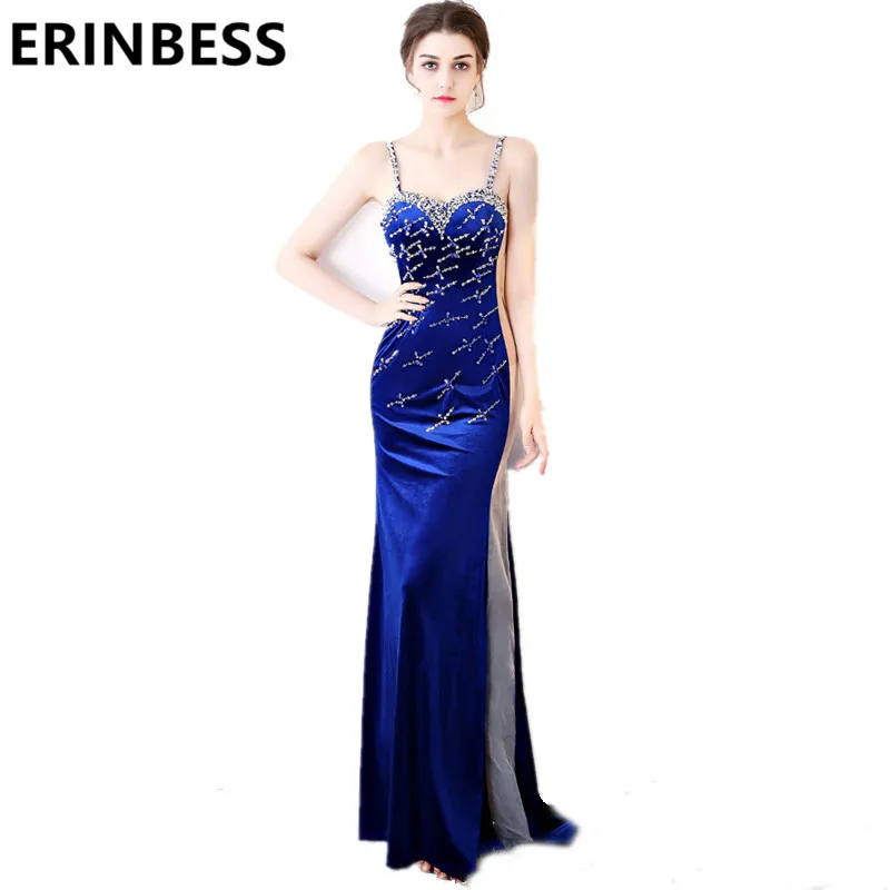 

2019 Royal Blue Evening Dresses Beaded Crystal Velvet Prom Gowns Sweetheart Spaghetti Strap Robe De Soiree Party Dress