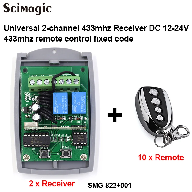 

2 piece 433mhz receiver 2 channel 12-24V Gate Garage Door + 10 piece 433mhz remote control