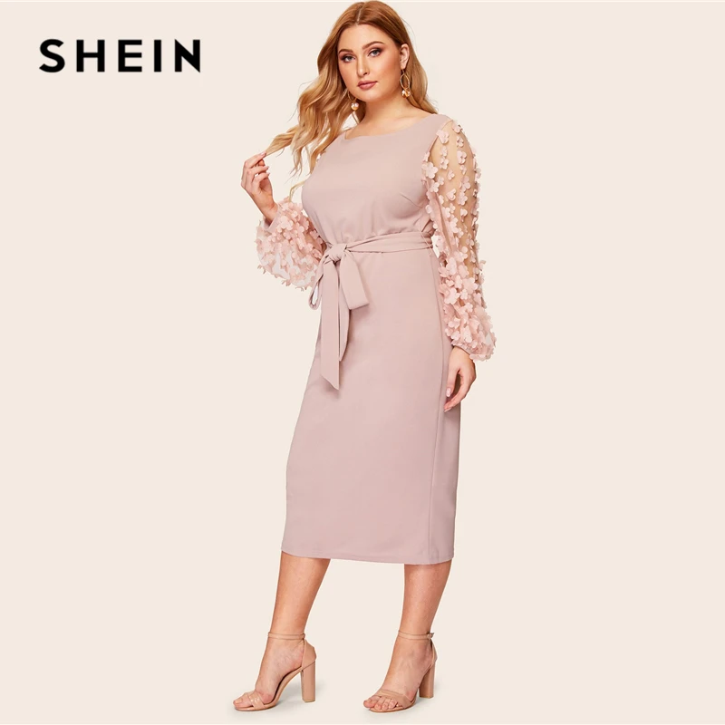 Ceny SHEIN Plus rozmiar 3D aplikacje Mesh Sleeve popędzający ołówek Dres 2019 kobiety romantyczny elegancki rękaw w stylu bishop sukienki z wysokim stanem
